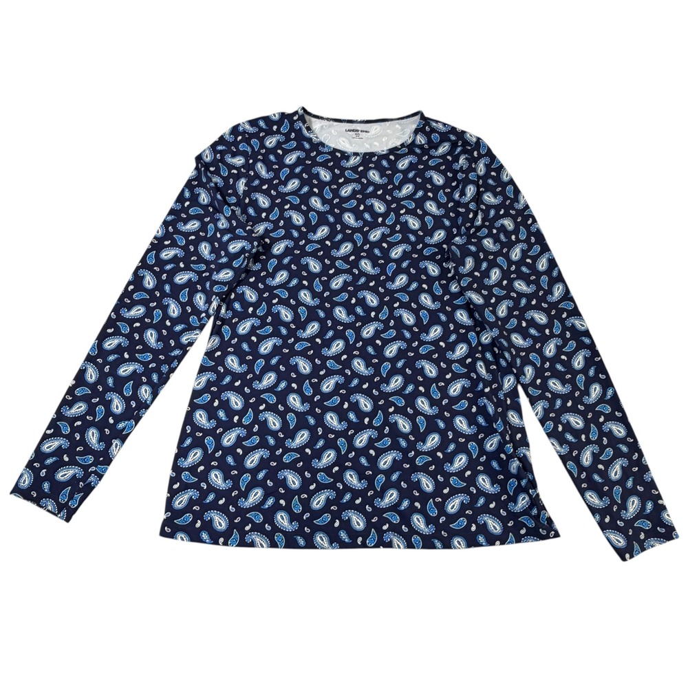 Lands End SunShade UPF 50 Long Sleeve Rash Guard Swim Tee Blue Paisley M/L 10-12